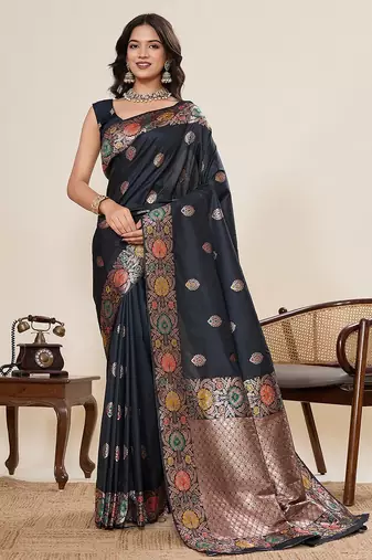 black art silk woven kanjivaram silk saree with blouses