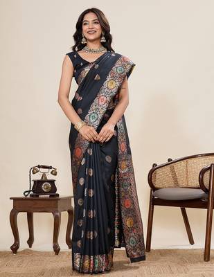black art silk woven kanjivaram silk saree with blouses 4