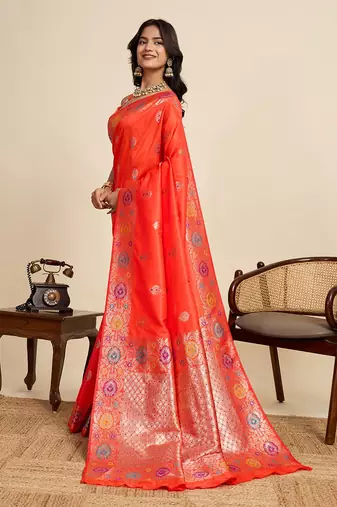 orange art silk woven kanjivaram silk saree with blouses