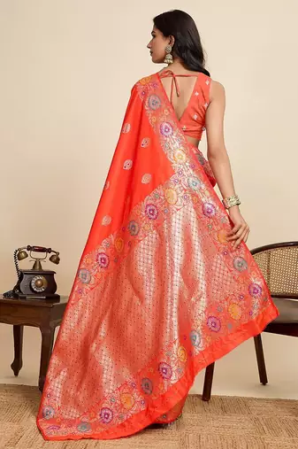 orange art silk woven kanjivaram silk saree with blouses