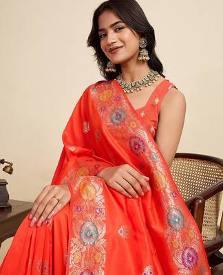 orange art silk woven kanjivaram silk saree with blouses 5