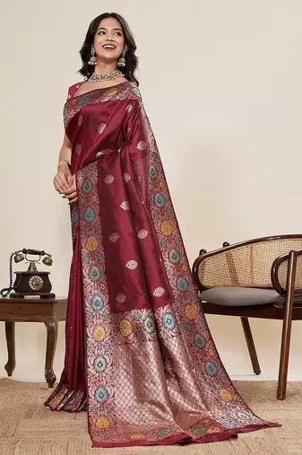 maroon art silk woven kanjivaram silk saree with blouses