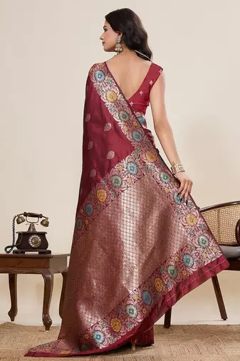 maroon art silk woven kanjivaram silk saree with blouses