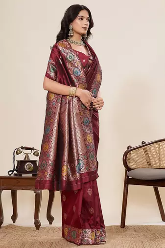 maroon art silk woven kanjivaram silk saree with blouses