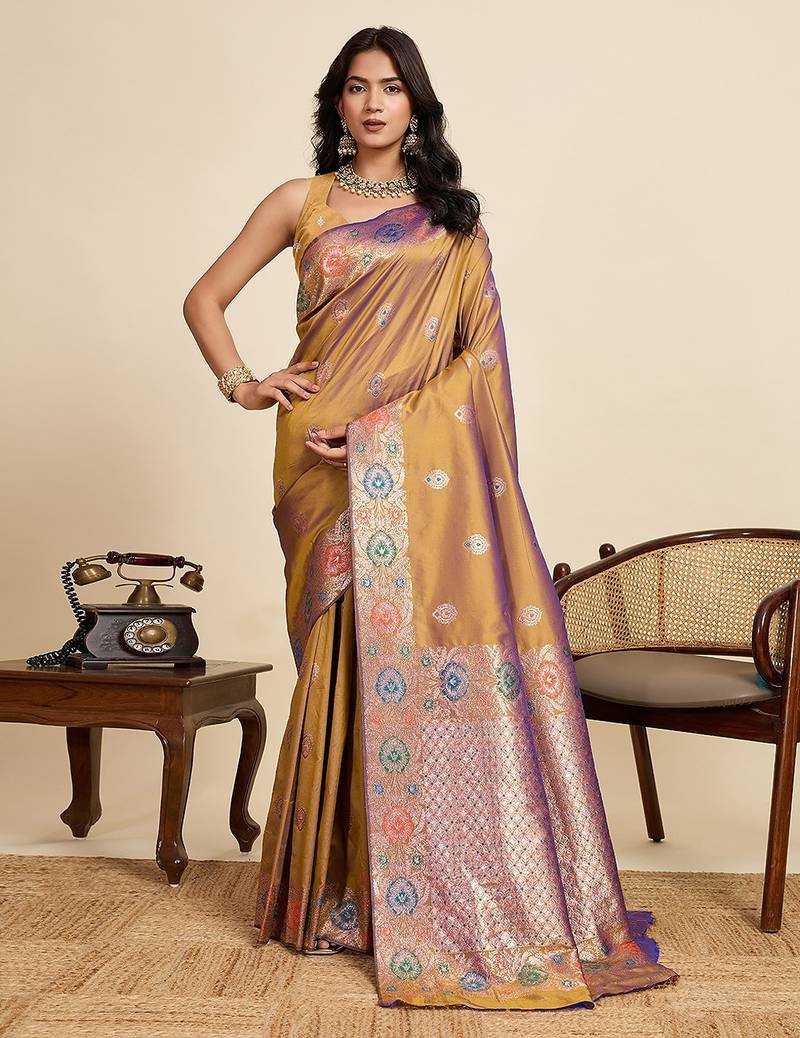 mustard art silk woven kanjivaram silk saree with blouses