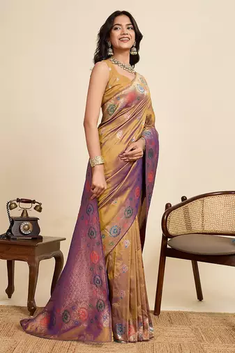 mustard art silk woven kanjivaram silk saree with blouses