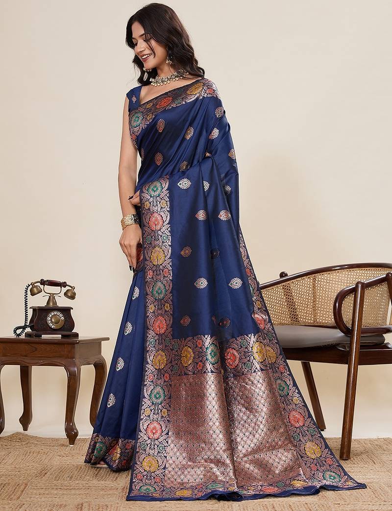 navy blue art silk woven kanjivaram silk saree with blouses