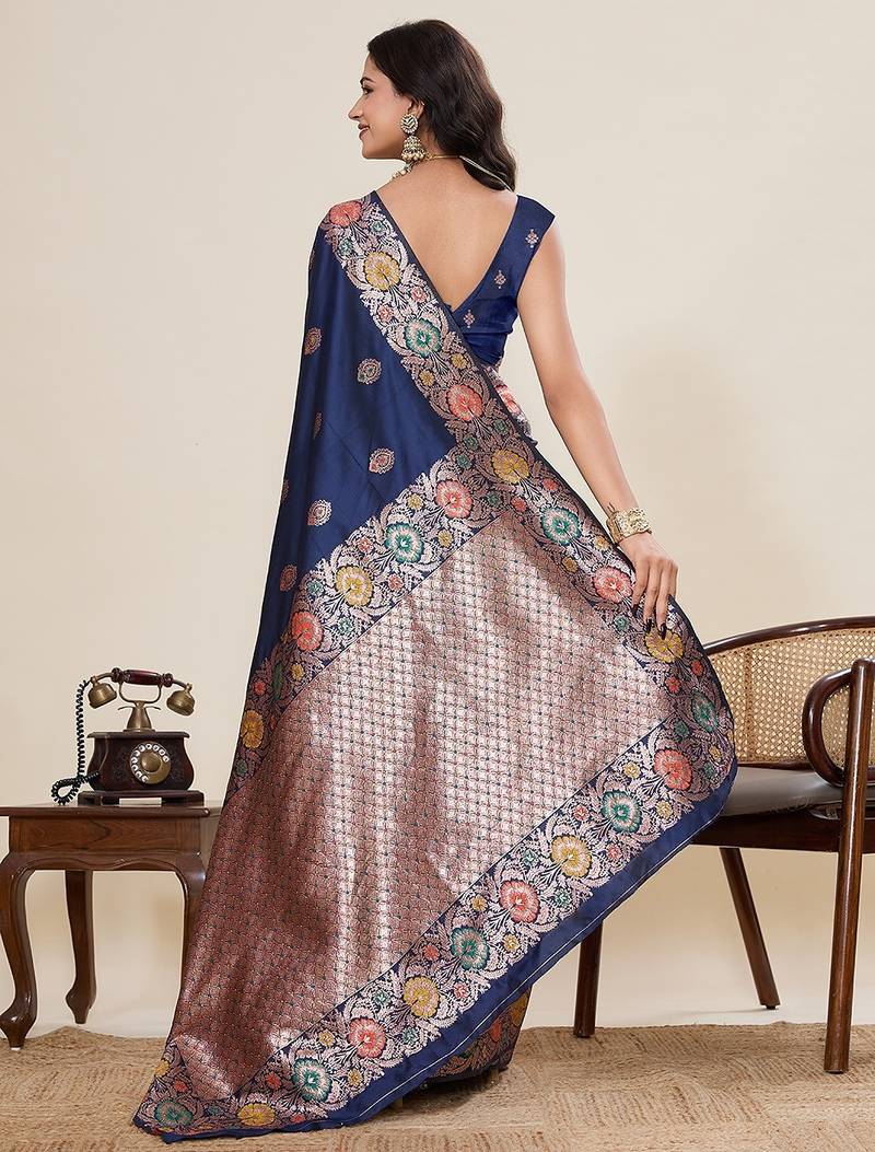 navy blue art silk woven kanjivaram silk saree with blouses