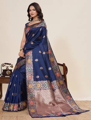 navy blue art silk woven kanjivaram silk saree with blouses 4