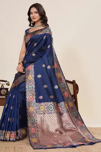 navy blue art silk woven kanjivaram silk saree with blouses