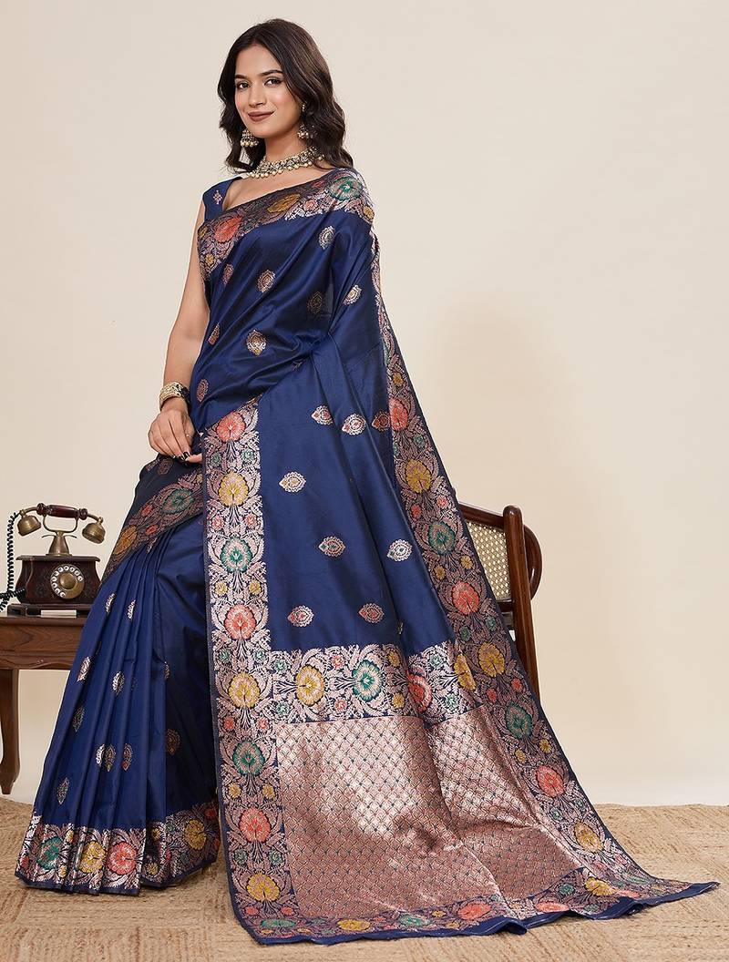 navy blue art silk woven kanjivaram silk saree with blouses