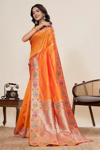 orange art silk woven kanjivaram silk saree with blouses