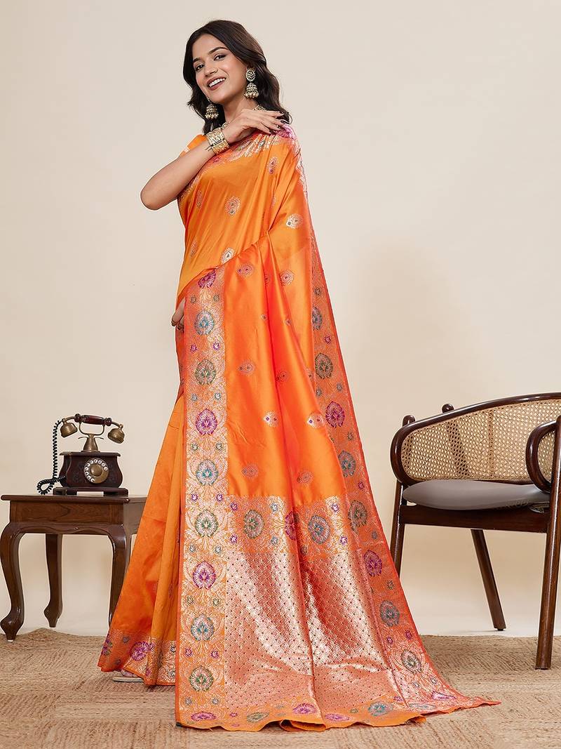 orange art silk woven kanjivaram silk saree with blouses