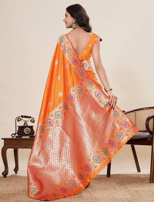 orange art silk woven kanjivaram silk saree with blouses 3