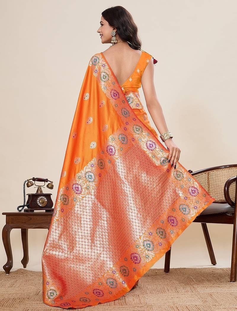 orange art silk woven kanjivaram silk saree with blouses