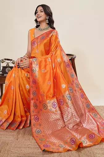 orange art silk woven kanjivaram silk saree with blouses