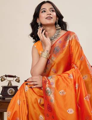 orange art silk woven kanjivaram silk saree with blouses 5