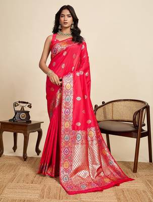 pink art silk woven kanjivaram silk saree with blouses 1