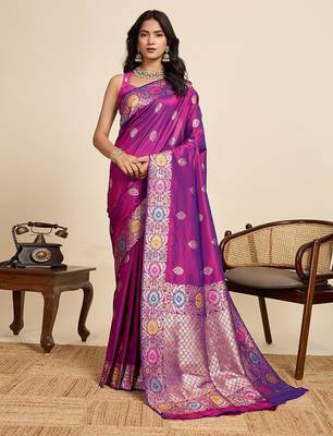 purple art silk woven kanjivaram silk saree with blouses 1