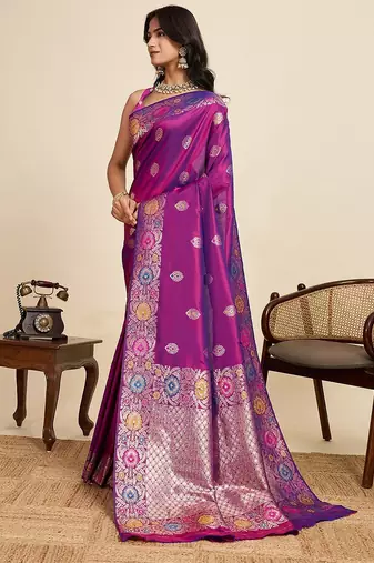 purple art silk woven kanjivaram silk saree with blouses