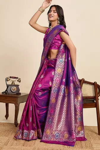 purple art silk woven kanjivaram silk saree with blouses