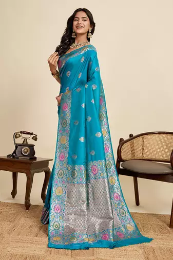 sky blue art silk woven kanjivaram silk saree with blouses