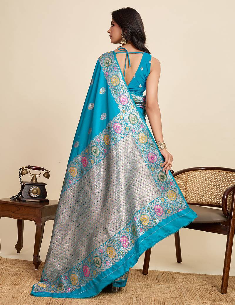 sky blue art silk woven kanjivaram silk saree with blouses