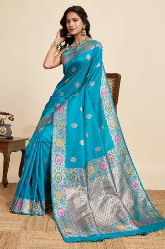 sky blue art silk woven kanjivaram silk saree with blouses
