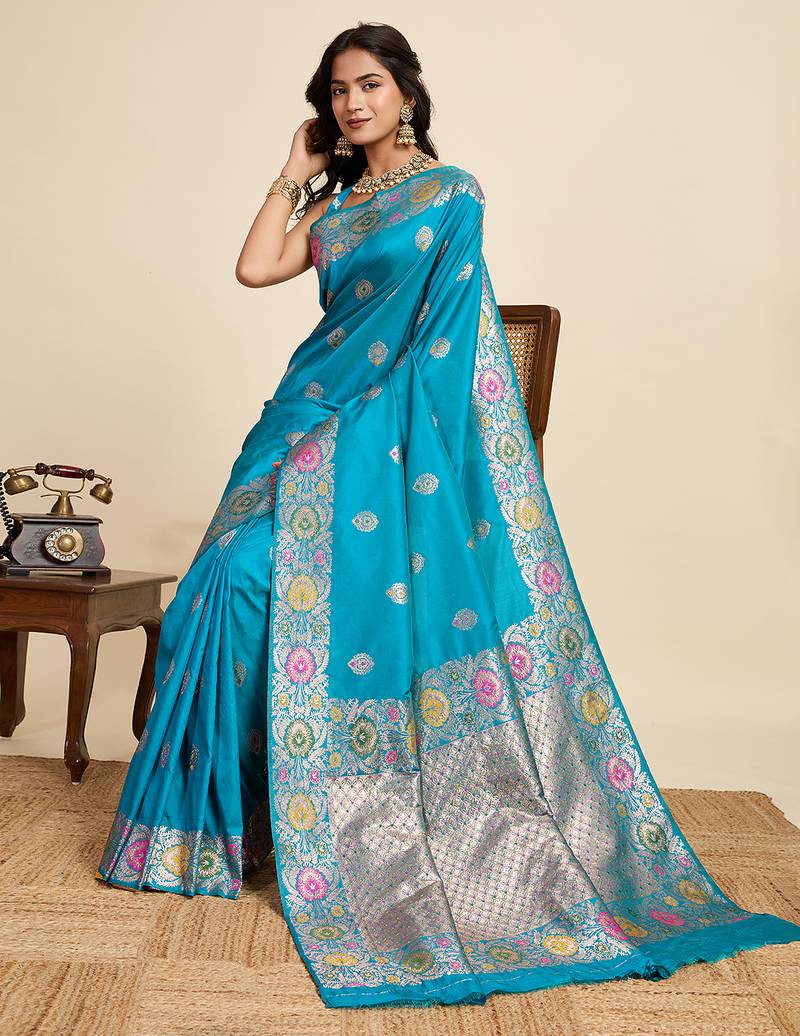 sky blue art silk woven kanjivaram silk saree with blouses