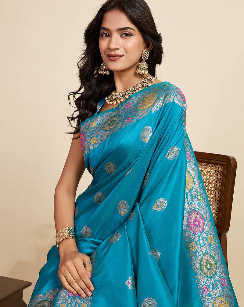 sky blue art silk woven kanjivaram silk saree with blouses