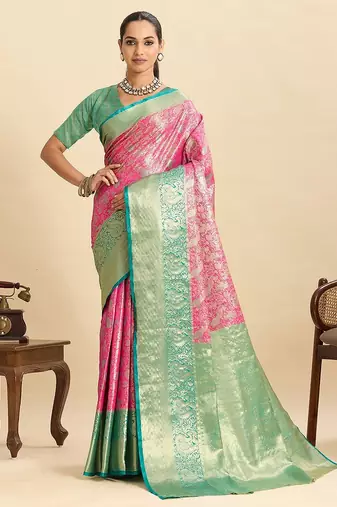 pink art silk woven kanjivaram silk saree with blouses
