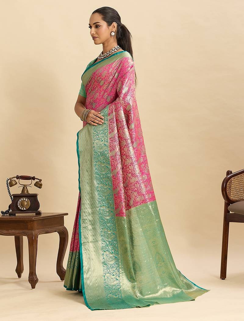 pink art silk woven kanjivaram silk saree with blouses