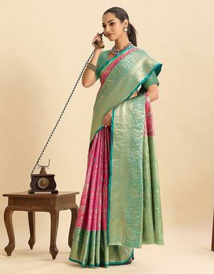pink art silk woven kanjivaram silk saree with blouses 4