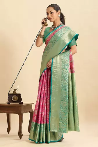 pink art silk woven kanjivaram silk saree with blouses
