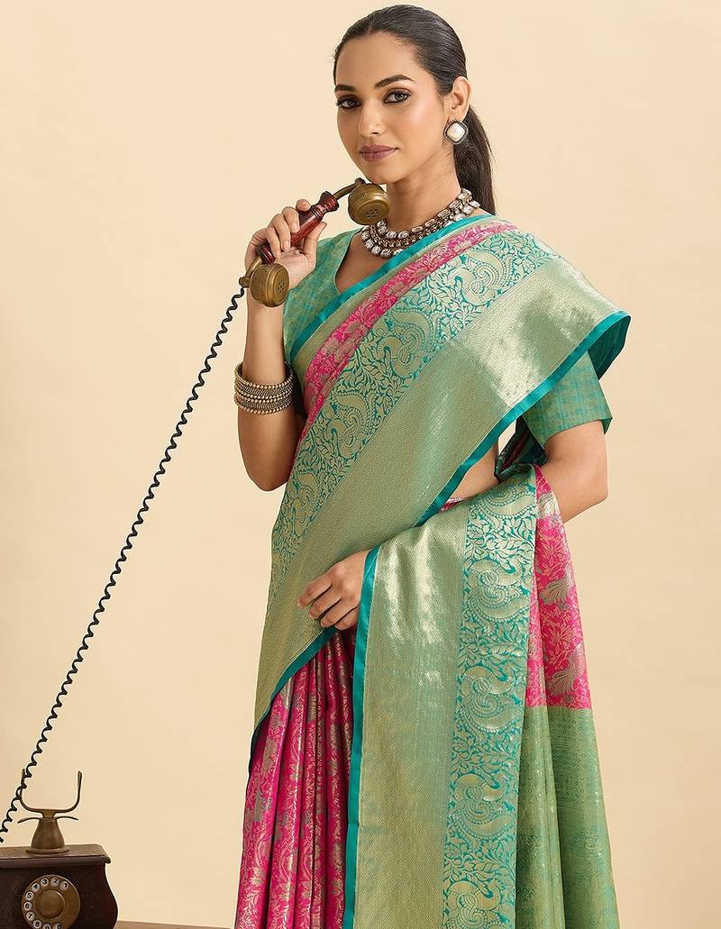 pink art silk woven kanjivaram silk saree with blouses