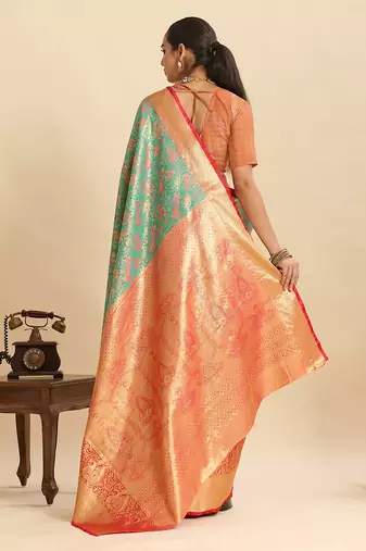 green art silk woven kanjivaram silk saree with blouses