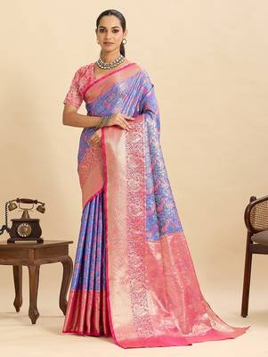 purple art silk woven kanjivaram silk saree with blouses 1