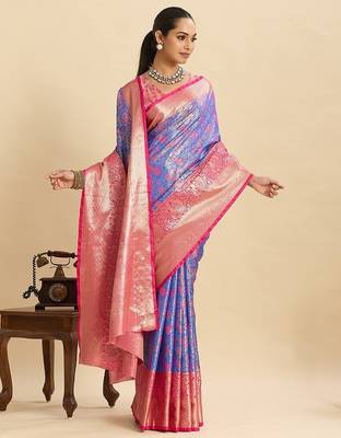 purple art silk woven kanjivaram silk saree with blouses 4