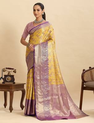 yellow art silk woven kanjivaram silk saree with blouses 1