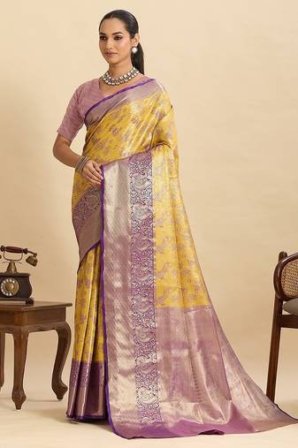 yellow art silk woven kanjivaram silk saree with blouses