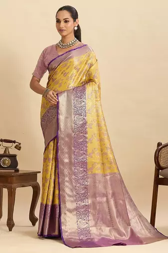 yellow art silk woven kanjivaram silk saree with blouses