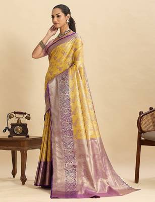 yellow art silk woven kanjivaram silk saree with blouses 2