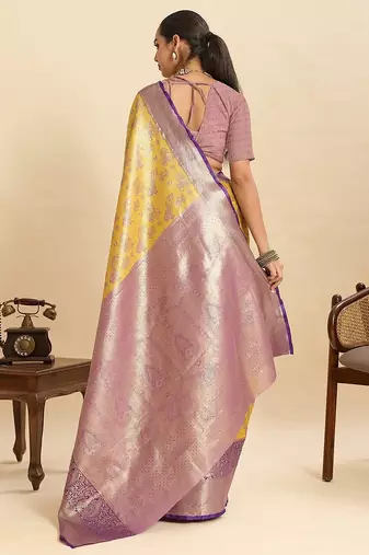 yellow art silk woven kanjivaram silk saree with blouses