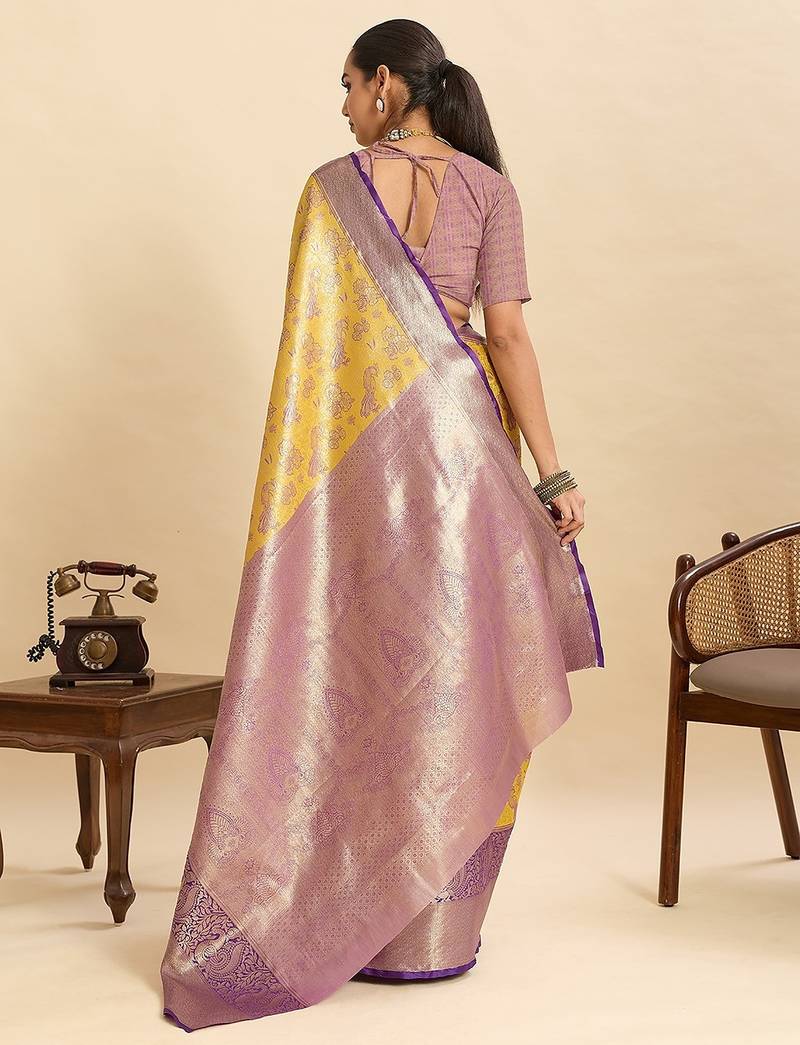 yellow art silk woven kanjivaram silk saree with blouses