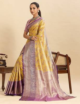 yellow art silk woven kanjivaram silk saree with blouses 4