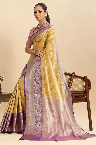 yellow art silk woven kanjivaram silk saree with blouses