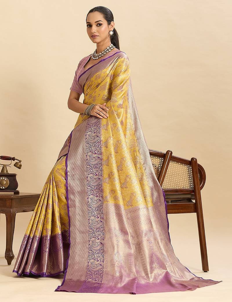 yellow art silk woven kanjivaram silk saree with blouses