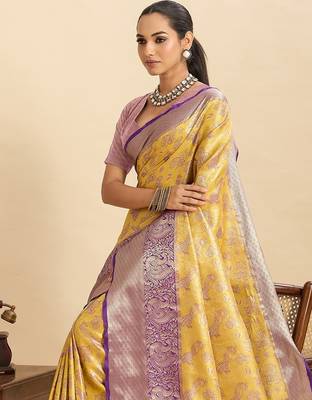 yellow art silk woven kanjivaram silk saree with blouses 5