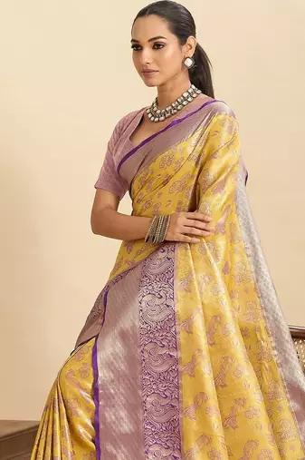 yellow art silk woven kanjivaram silk saree with blouses