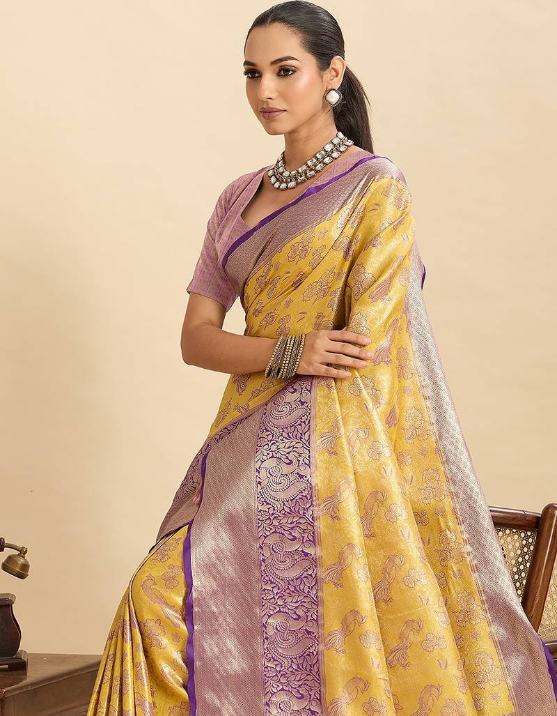 yellow art silk woven kanjivaram silk saree with blouses